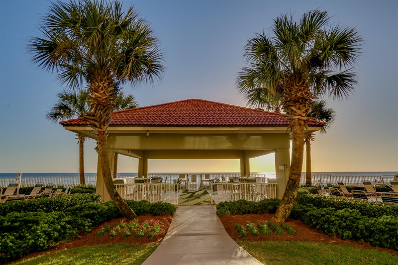 Beachfront gazebo with tables and chairs